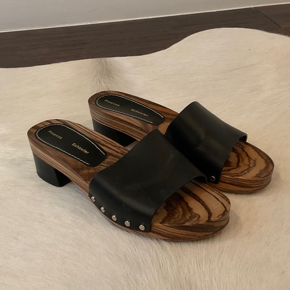 Proenza Schouler Black Leather Mules with Wood Detail